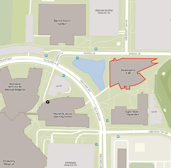 Map of Rennebohm Hall, located at the intersection of Marsh Lane and University Bay Drive, by Lot 60, School of Nursing, and the McClimon Sports Complex